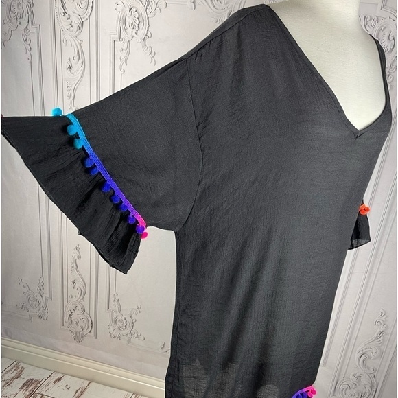 Festive Pom Pom  Loose Fit Short Ruffle Sleeves V-Neck Dress Swimsuit Coverup - Picture 4 of 5